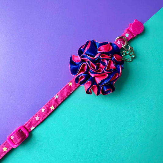 Collar para gatos con flor bicolor fucsia y azul - Estrellas