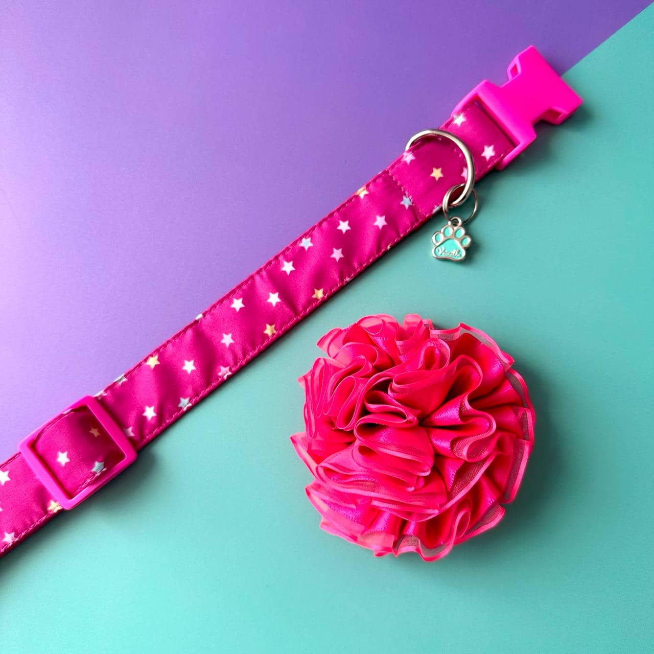 Collar para perros Estrellas con flor tul fucsia neón