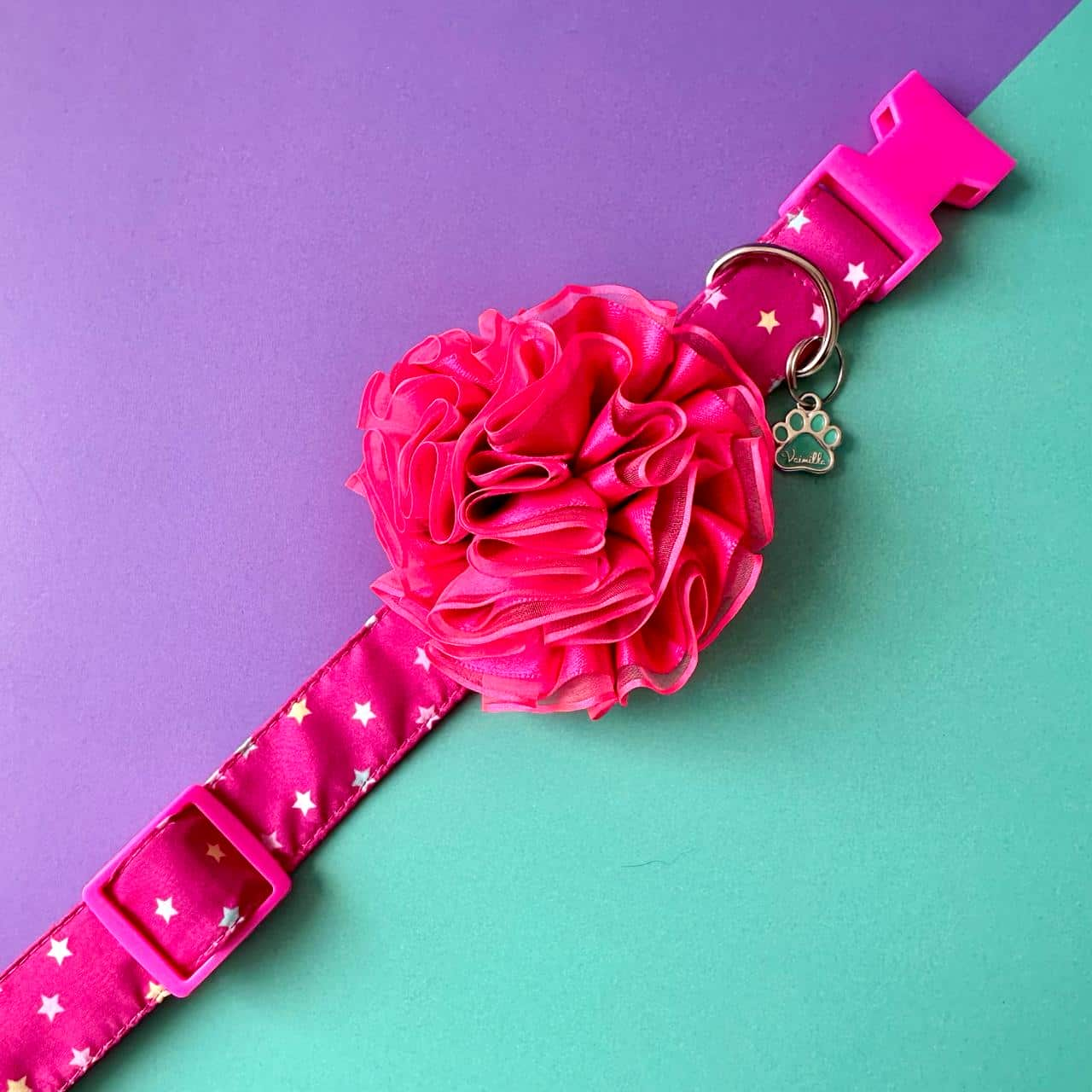 Collar para perros Estrellas con flor tul fucsia neón