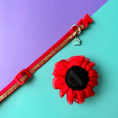 Collar para perros Rojo con dorado con flor tul roja