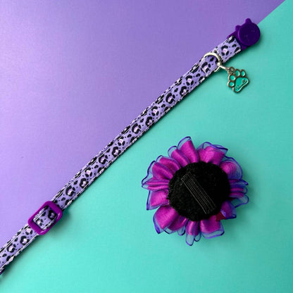 Collar para gatos Animal print con flor tul morada