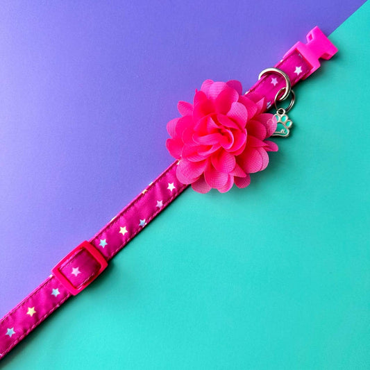 Collar para perros con flor seda fucsia - Estrellas