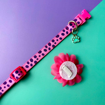 Collar para perros con flor seda fucsia puntos