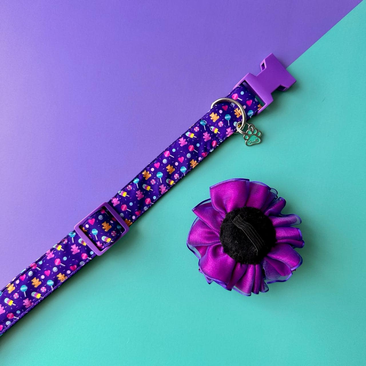 Collar para perros Candy con flor tul morada