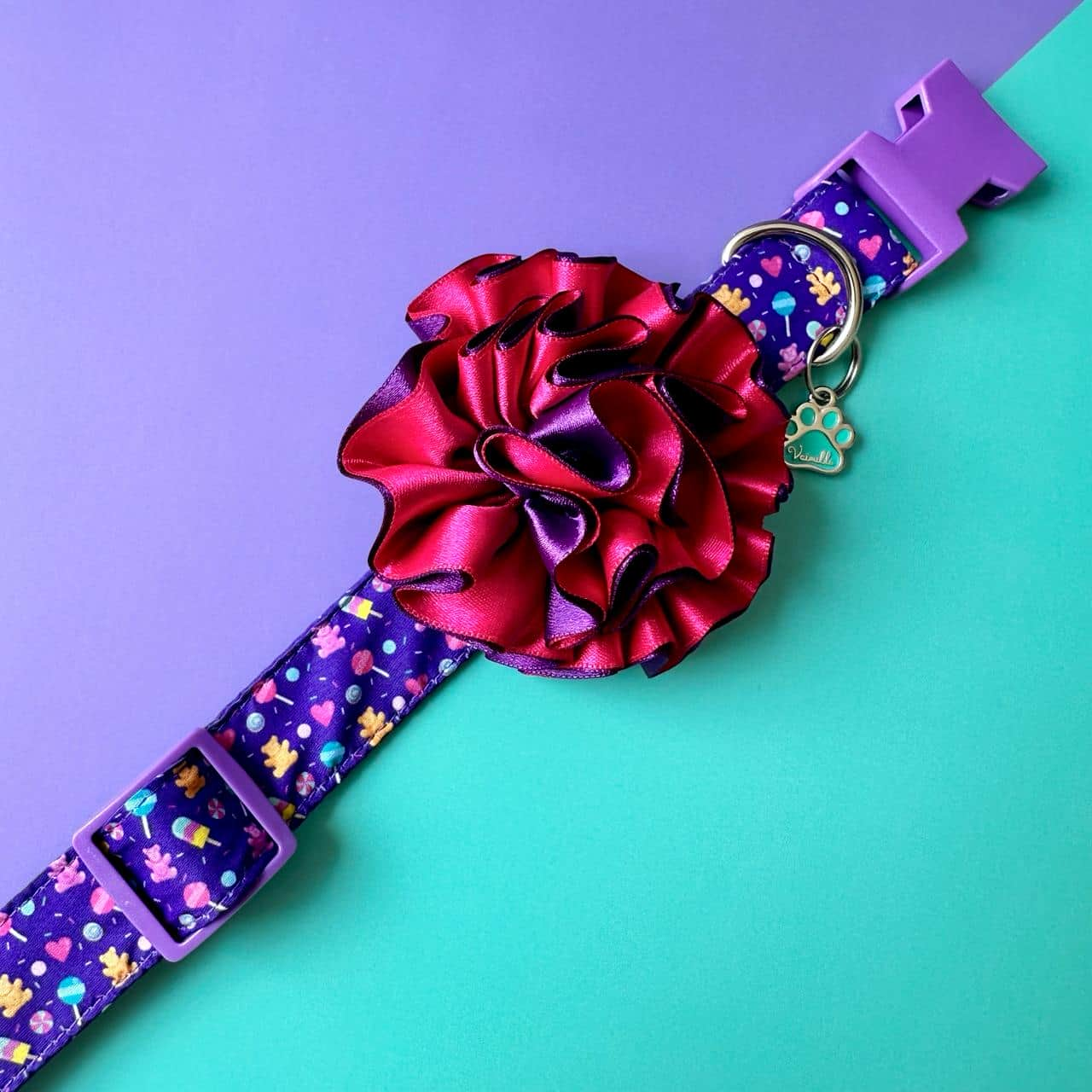 Collar para perros con flor bicolor fucsia y morada - Candy